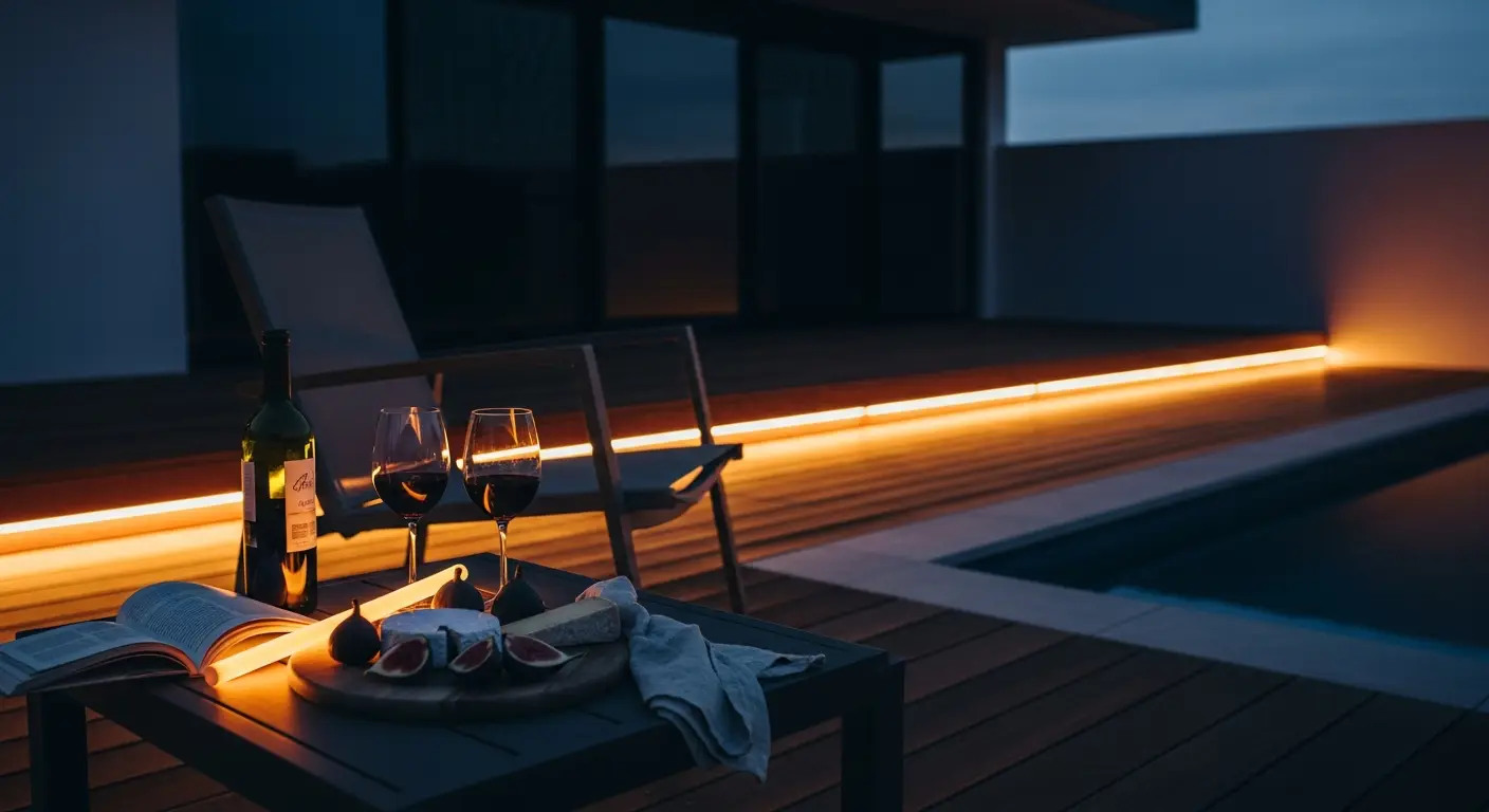 Timber pool deck at deep dusk with a just-left table — open wine, two poured glasses and a grazing platter — warm Orenara strip lighting glowing under the deck edge and along the glass balustrade.