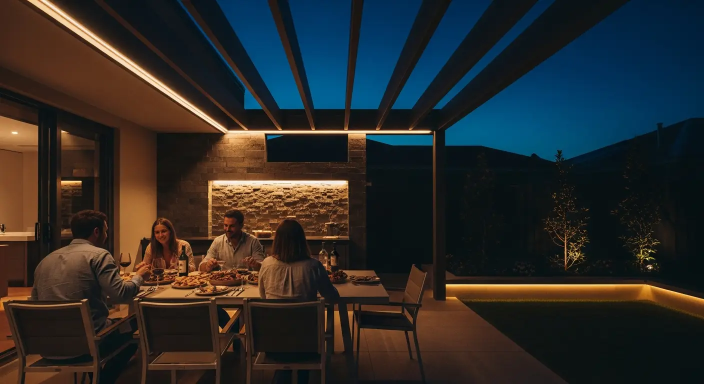 Friends sharing dinner at a long alfresco table at night, warm Orenara strip lighting washing the pergola beams and grazing the stone feature wall behind them.