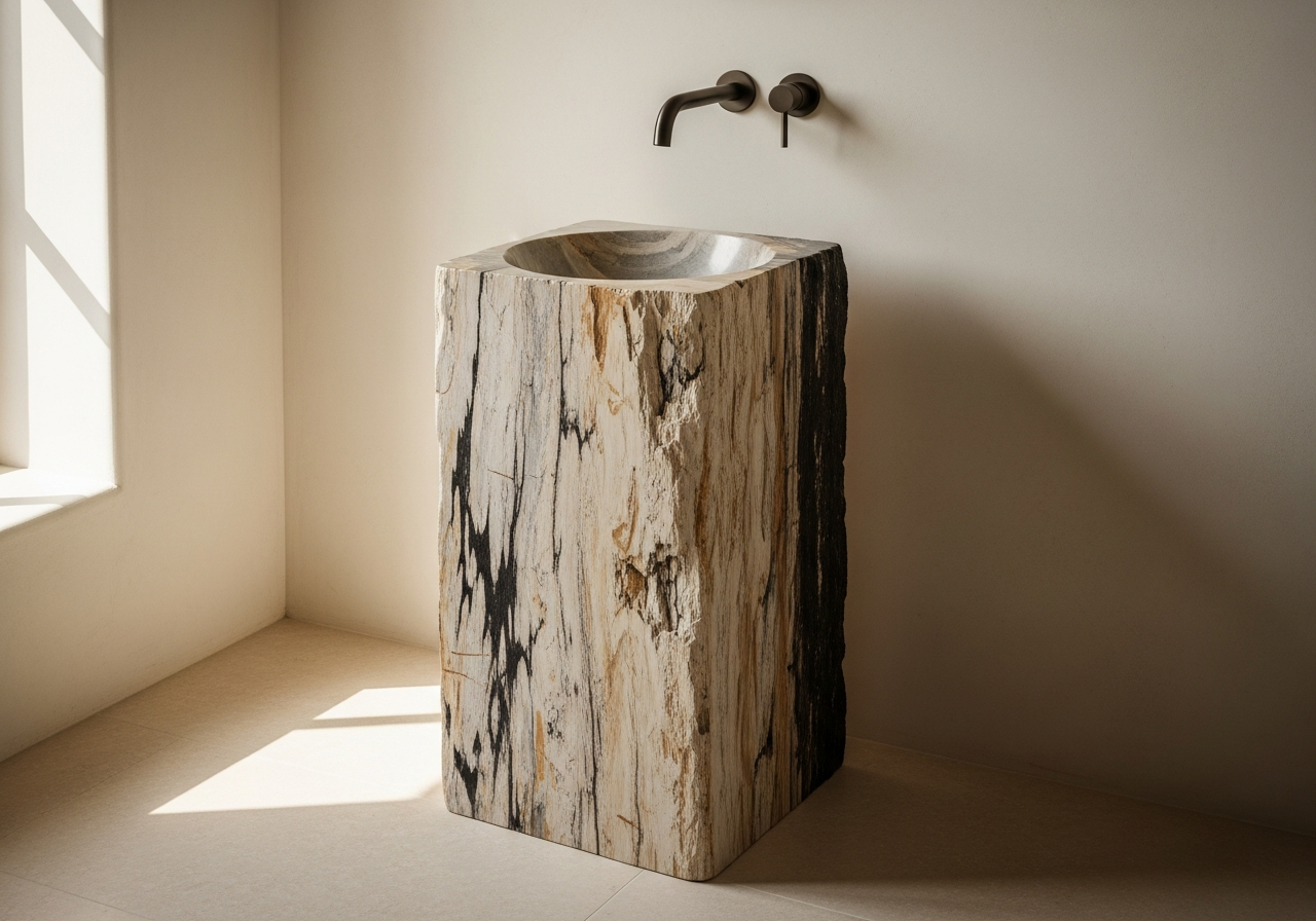 A tall freestanding petrified wood basin — solid mineralised stone carved into a deep vessel sink, raw bark exterior, polished interior.