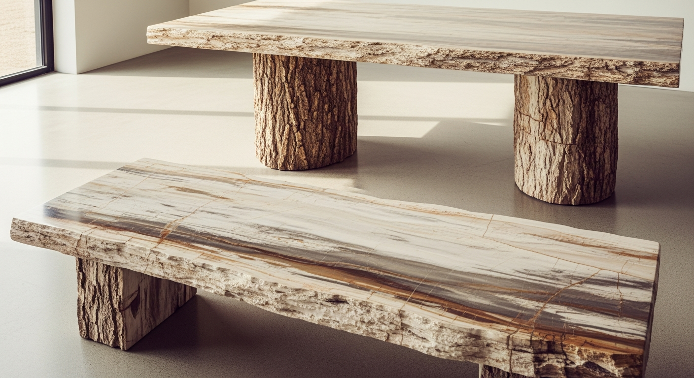 A petrified wood dining table and bench set — thick pale slab top on natural log legs with matching bench.