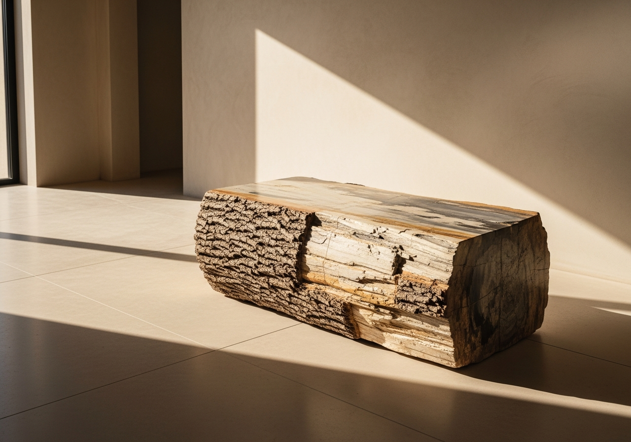 A natural petrified wood log bench — a whole fossilised trunk section with polished top and raw bark exterior, in a minimal interior.