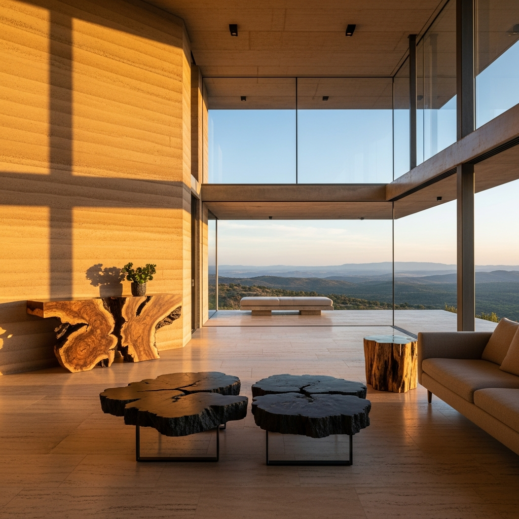 Multiple petrified wood tables in a high-end architectural interior, showing the material at scale.