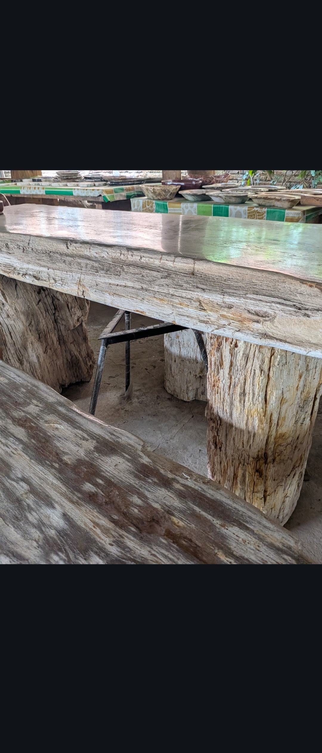 Petrified wood dining table and bench at the Java yard — pale cream slab top on natural log legs with a matching bench in the foreground.